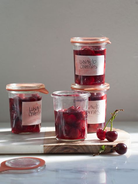 Homemade Luxardo Maraschino Cherries from @acozykitchen Luxardo Cherries, Weck Jars, Maraschino Cherries, Cherry Cocktail, Cherry Recipes, Sour Cherry, Cozy Kitchen, Maraschino Cherry, Jams & Jellies