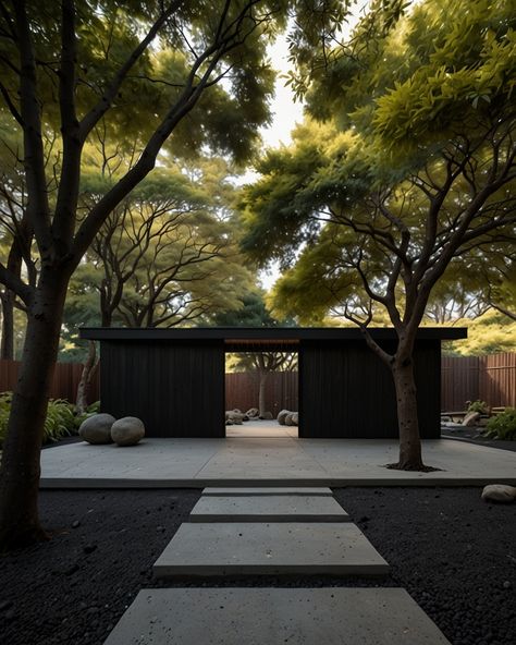 Matte Black Nation 🏴 (@matteblacknation) • Instagram photos and videos Black Gravel Landscaping, Green Black Aesthetic, Japanese Landscaping, Black Villa, Wooden Pavilion, Japanese Rock Garden, Modern Japanese Architecture, Dunes House, Dark Garden