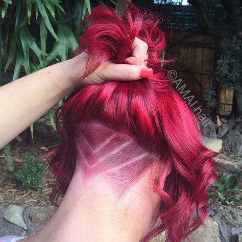 Undercut Red Hair, Red Undercut Hair, Patterned Undercut, Red Undercut, Red Hair Undercut, Hair With Undercut, Undercut Ideas, Cherry Red Hair, Undercut Long Hair