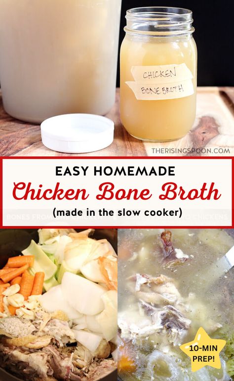 Learn how to make your own homemade chicken broth (that gels) in your crockpot using leftover bones from rotisserie chicken (or different parts you've cooked) + simple veggies like onion, garlic, carrot & celery. This recipe is SO easy and cheap and makes the best base for homemade soups, stews & chili. I like to freeze it in quart or gallon ziplock bags so I can grab exactly what I need for meals. Home Made Chicken Broth, Homemade Chicken Broth, Homesteading Recipes, Make Chicken Broth, Chicken Broth Recipes, Chicken Bone Broth, Budget Living, Homemade Chicken Stock, Savoury Recipes