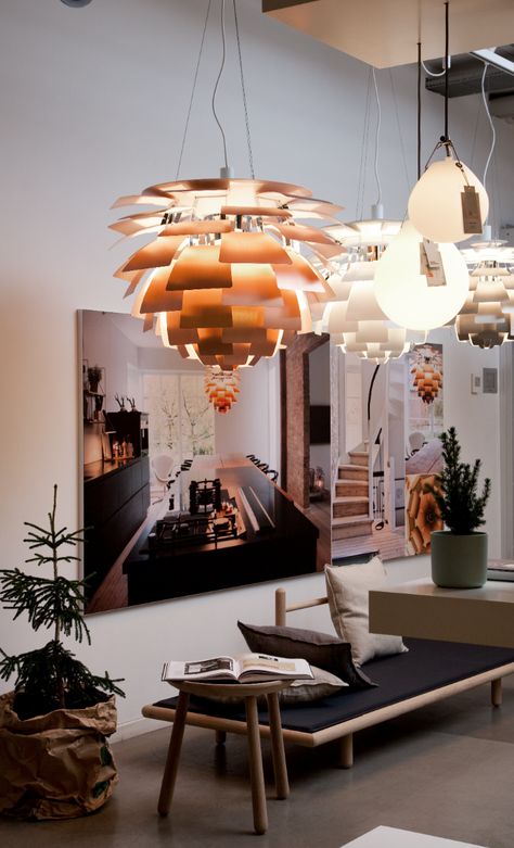 PH Artichoke, Showroom, Copenhagen, Denmark.  #PHArtichoke #designIcon #PoulHenningsen #LouisPoulsen #interior #Decor #lighting Ph Artichoke Lamp, Modern Home Lighting, Farm Light, Cone Pendant Light, Modern Farmhouse Lighting, Artichoke Lamp, Metal Sheets, Laser Cut Metal, White Pendant Light