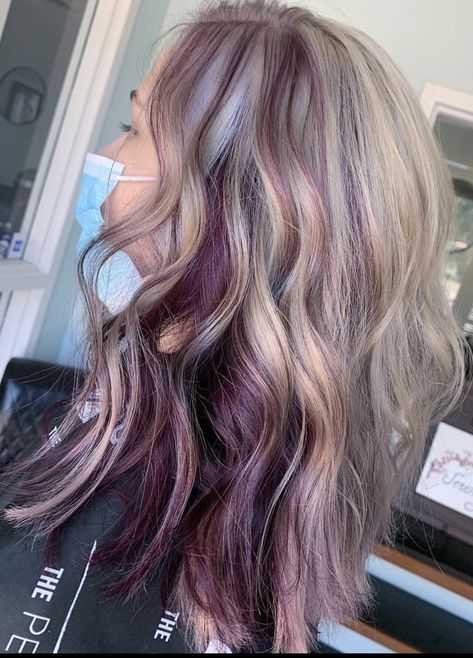 Fun Colors To Put In Blonde Hair, Blonde Copper And Purple Hair, Fall Hair Colors For Blondes Dark Underneath, Burgundy Hair With Platinum Highlights, Blonde With Violet Underneath, Ashy Blonde With Purple, Blonde With Accent Color, Blonde Hair Color Ideas With Peekaboos, Blonde And Burgundy Hair Peekaboo