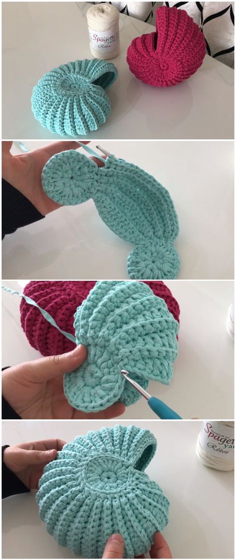 Crochet Easy Seashell Basket - ilove-crochet Sea Amigurumi, Seashell Basket, Crochet Seashell, Projek Mengait, Sea Crochet, Crochet Ocean, Shell Crochet, Mermaid Crochet, Crochet Free Patterns