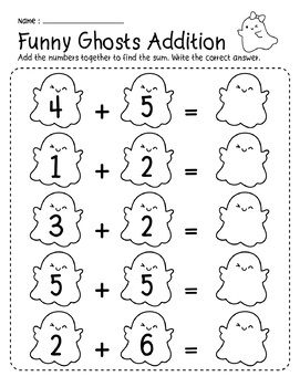 Halloween Ghosts Kindergarten Addition to 10 Math Number Worksheets Kindergarten Worksheets Halloween, Kindergarten Halloween Worksheets Free, Halloween Morning Work, Halloween Pre K Worksheets, Ghost Worksheets, Halloween Math Activities Preschool, Halloween Addition Worksheets, Halloween Math Activities Kindergarten, Kindergarten Math Sheets