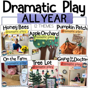 These dramatic play activities will save you time and keep kids engaged in your pretend play center all year long. Thanksgiving Dramatic Play and Christmas Dramatic Play are just a few included in this 12-resource bundle. Each colorful themed resource contains literacy, math and social elements with... School Themed Dramatic Play, Dramatic Play Shelf, August Dramatic Play Center, Dramatic Play Ideas Preschool, All About Me Dramatic Play, Diy Dramatic Play Center, House Dramatic Play, Preschool Dramatic Play Ideas, Thanksgiving Dramatic Play