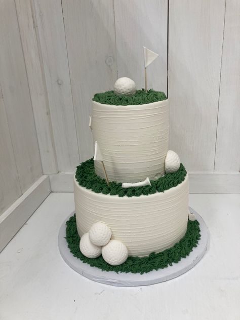 Two tiered textured buttercream cake golf tee golf ball green white bridal shower cake golf themed shower 60th Birthday Golf Cake, Wedding Cake Golf Theme, 2 Tier Golf Cake, Masters Golf Birthday Cake, Golf Themed Wedding Cakes, Golf Themed Grooms Cake, Golf Birthday Cake Ideas, Fore Tee Birthday Cake, Golf Graduation Cake