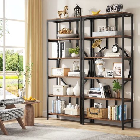 17 Stories 70.9'' H X 27.55'' W Etagere Bookcase | Wayfair Modern Shelf Styling, Modern Shelf Design, Bookshelf Industrial, Book Shelf Decor, Rustic Books, Rustic Bookshelf, Standing Shelf, Industrial Bookshelf, Industrial Bookcases