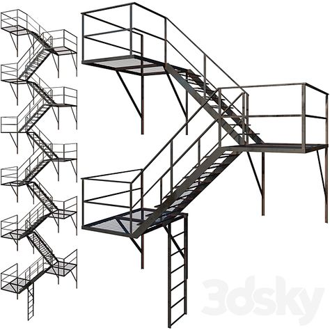 3d models: Staircase - Outdoor Fire Ladder (Low poly) Fire Ladder, Staircase Outdoor, Stainless Steel Railing, Steel Railing, Fire Escape, Wooden Stairs, Low Poly Models, 3ds Max Models, Facade Architecture