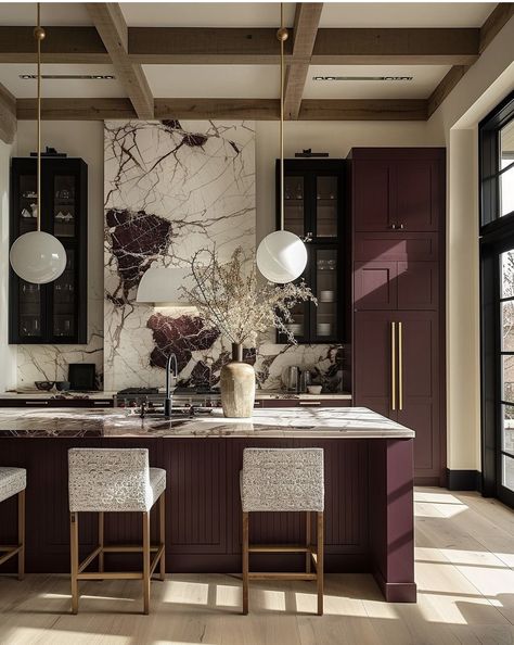 Burgundy Cabinets, Island Backsplash, Modern Kitchen Interiors, Dream House Decor, Luxury Kitchen, Interior Inspo, Interior Design Projects, Home Decor Kitchen, Interior Design Kitchen