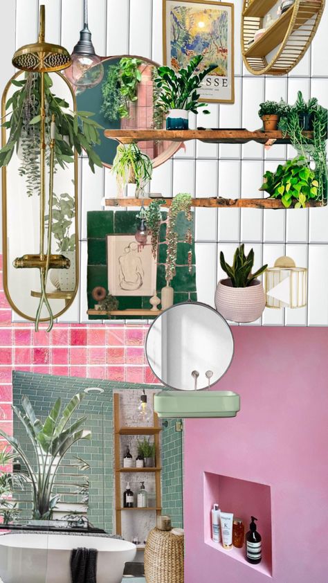 Pink Green And Gold Bathroom, Pink Jungle Bathroom, Funky Pink Bathroom, Pink And Sage Green Bathroom, Dark Green And Pink Bathroom, Plant Themed Bathroom, Matisse Plants, Green Pink Bathroom, Pink Green Bathroom