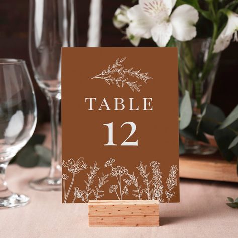 Rustic Fall Wedding Table Numbers, Wildflower Table Numbers, Burnt Orange Wedding Table, Orange Wedding Table, Orange Wedding Themes, Burnt Orange Wedding, Burnt Orange Weddings, Wedding Table Number Cards, Card Table Wedding