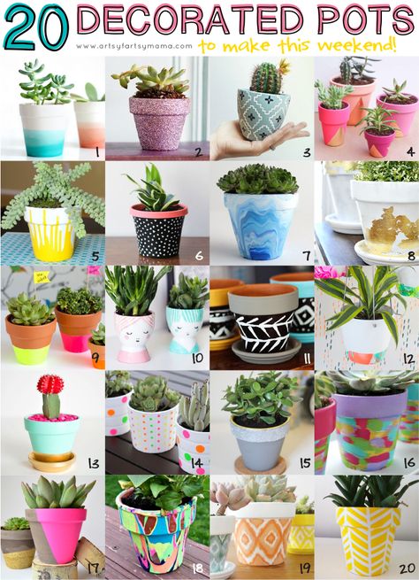 20 Decorated Pots to make this weekend at artsyfartsymama.com Decorated Pots, Paint Garden Pots, Garden Diy Decoration Ideas, Painted Planters, Planters Diy, Plant Pot Design, Pot Decoration, Plant Pot Diy, Terra Cotta Pot Crafts