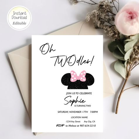 Oh Twodles Birthday Girl, Oh Twodles Birthday, Minnie Birthday Invitations, Birthday Minimalist, Oh Twodles, Mickey Mouse Bday, Twodles Birthday, Invitation Minimalist, Minimalist Invitation