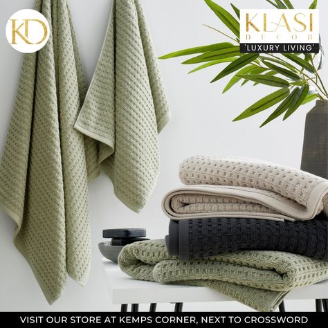 Wrap yourself in softness and style! 🚿
.
Visit our store 📍 @KempsCorner, Next to Crossword
.
.
#homedecor #decorlovers #decore #decorideas #decoideas #decorate #decoracioninteriores #decorinspo #decorationideas #decolovers #homeideas #homedesignideas #bedsheets #upholstery #outdoor #outdoorupholstery #upholsteryfabric #upholsteredfurniture #bathlinen #bedlinen Bathroom Towel Colors Scheme, Bathroom Towels Colors, Green Bath Towels, Waffle Design, Oak Bathroom, Luxurious Spa, Print Texture, Green Towels, 자수 디자인