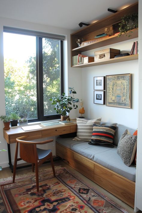 15 Tips for a Cozy Desk Setup: Inspiration for Small Spaces – Everyday Inspo Small Bedroom Workspace Layout, Livingroom Desk, Beige And Brown Bedroom Ideas, Brown Bedroom Ideas, Nyc Room, Cozy Desk Setup, Apartment Desk, Yellow Kitchen Cabinets, Cozy Reading Chair