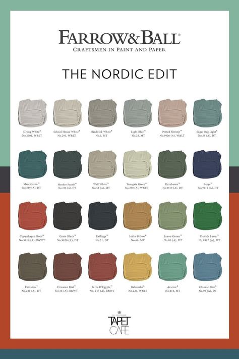 Farrow And Ball Nordic Edit, Scandinavian Colour Palette Inspiration, Scandinavian Design Color Palette, Nordic Paint Colors, Farrow And Ball Colour Schemes 2023, Nordic Color Palette Interior Design, Colorful Nordic Interior, Danish Color Palette, Swedish Color Palette