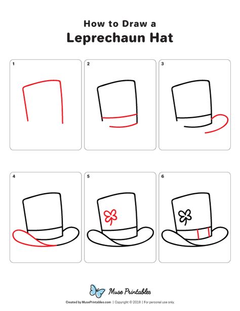 Learn how to draw a leprechaun hat step by step. Download a printable version of this tutorial at https://museprintables.com/download/how-to-draw/how-to-draw-a-leprechaun-hat/ How To Draw A Leprechaun Step By Step, How To Draw A Hat, March Doodles, Draw A Leprechaun, Drawing Tutorial Step By Step, Step By Step Drawings, Hat Drawing, St Patricks Crafts, Character Design Tutorial