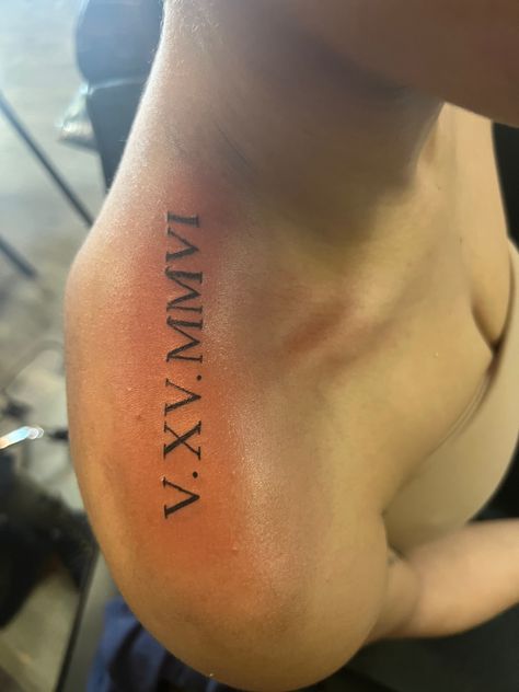 Shoulder Tattoo Roman Numerals, Shoulder Roman Numeral Tattoo, Roman Numeral Shoulder Tattoo, Name Tattoos On Shoulder, Roman Numeral Tattoo On Shoulder, Shoulder Tattoo Aesthetic, Red Roman Numeral Tattoo, Roman Numeral Tattoo Placement, Small Roman Numeral Tattoo