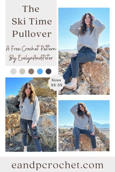 The Ski Time Pullover is a FREE crochet pattern by EvelynAndPeter! This pattern includes sizes XS-5X and available as a Lion Brand Kit! #crochetsweater #crochetpattern #evelynandpeter #crochetop #beginnercrochet Cardigans Crochet, 2023 Crochet, Foundation Half Double Crochet, Pullover Crochet, Tl Yarn Crafts, Foundation Single Crochet, Crochet Jumper, Boucle Yarn, Single Crochet Stitch