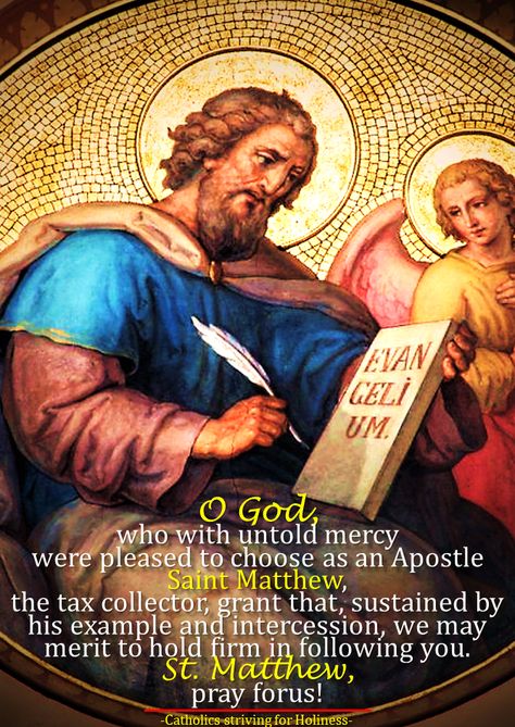 Sept. 21: ST. MATTHEW, Apostle and Evangelist. Promptness and generosity in following God’s call. Today we celebrate the feast day of St. Matthew, Apostle and human author of the 1st Gospel, also k… St Matthew Feast Day, Saint Matthew Apostle, Feast Of St Matthew The Apostle, St Matthew Apostle, St Mathew The Apostle Feast, The Calling Of St Matthew, The Calling Of Saint Matthew, St Thomas The Apostle, Following God