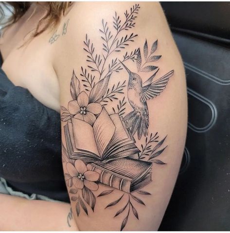 Books And Birds Tattoo, Floral Book Sleeve Tattoo, Booklover Tattoo Sleeve, Book Shoulder Tattoo, Book Tattoo Ideas For Women Arm, Book And Floral Tattoo, Book And Flowers Tattoo, Book Tattoos With Flowers, Book Floral Tattoo