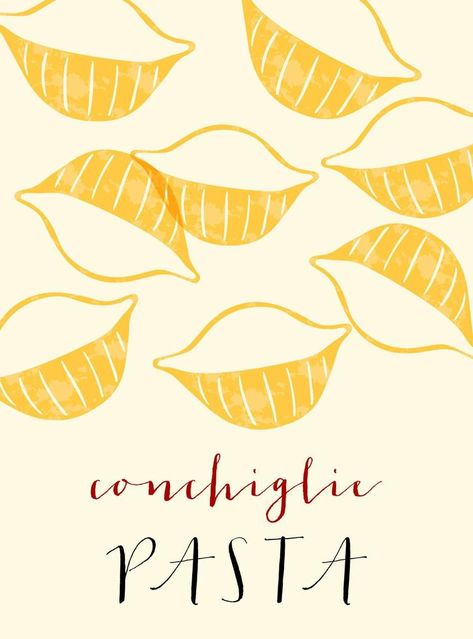 Conchiglie Italian pasta. Conchiglie poster illustration. Modern print for menu design, cookbooks, invitations, greeting cards. Party Design Graphic, Italian Party, Pasta Italiana, Pasta Shells, Graphic Poster Art, Poster Illustration, Modern Print, Italian Pasta, Food Poster