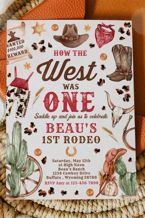 Cowboy Rodeo 1st Birthday How The West Was One Invitation How The Wild West Was One, Country First Birthday Boys, 1st Birthday Western Theme, Wild One Western Birthday, How The West Was One, How The West Was One Birthday, First Rodeo Birthday Boy, Rodeo 1st Birthday, 1st Rodeo Birthday