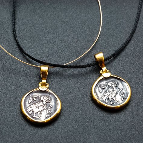 Ancient Greek Coin Necklace with Owl Goddess Athena Symbol, Mens Coin Pendant, Statement Necklace, Mens Coin Jewelry Gift, Greek Jewelry Greek Coin Necklace, Owl Goddess, Athena Symbol, Olive Sprig, Ancient Jews, Ancient Coin Jewelry, Byzantine Jewelry, Greek Men, Goddess Athena