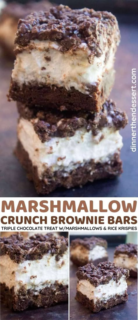 Marshmallow Crunch Brownie Bars are totally indulgent with three kinds of chocolate, an awesome marshmallow layer and the best brownie base. Pan Bars, Caleb Martin, Crunch Brownies, Marshmallow Brownies, Chocolate Chunk Brownies, Marshmallow Recipes, Sweet Tooth Recipes, Desert Bar, Recipes Brownies