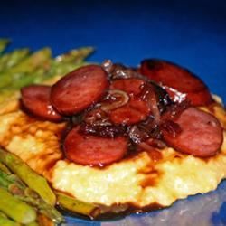 Raspberry Kielbasa over Cheese Grits Shrimp And Cheese Grits, Polish Sausage Recipes, Cheese Grits Recipe, Southern Fried Catfish, Kielbasa Recipes, Grits Recipe, Cheese Grits, Slow Cooker Pulled Pork, Brunch Dishes