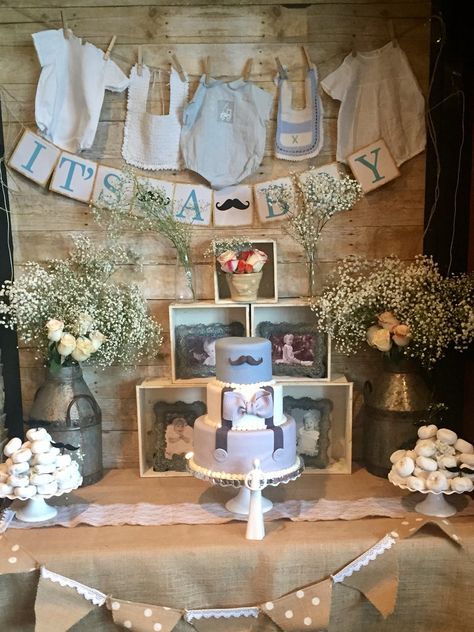 Church Baby Shower Ideas, Work Baby Shower Ideas, Baby Shower Ideas Boy, Work Baby Showers, Mustache Theme, Baby Brunch, Baby Table, Classy Baby Shower, Baby Shower Candy Bar