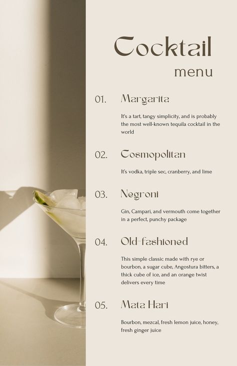 Minimalistic Biege Cocktail Menu - Templates by Canva Cocktail Menu Design Templates, Cocktail Menu Design Ideas, Bar Menu Ideas, Menu Design Ideas Templates, Cocktail Menu Design, Signature Cocktail Menu, Menu Drink, Drink Menu Design, Menu Lighting