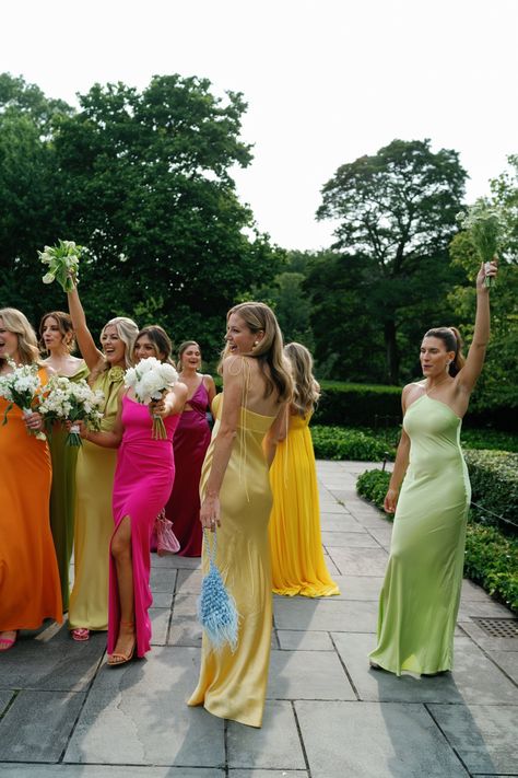 Brooklyn Bliss: A Chic City-Style Wedding — Abby Jiu Photography Hawaii Wedding Guest Outfit, Rainbow Bridesmaid Dresses Color Schemes, Colourful Formal Dress, Summer Bridesmaids Colors, Colourful Wedding Guests, Colourful Wedding Guest Outfit, Colorful Wedding Guests, Vibrant Bridesmaid Dresses, Wedding Dresscode