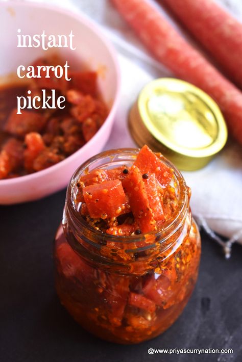 instant carrot pickle recipe | gajar ka achar recipe with step by step photos and video recipe. An easy Andhra style carrot pickle recipe that goes best with any paratha and roti. This instant carrot pickle is really tempting, easy to prepare recipe that anyone can make with minimal time😀.  This is the recipe you...Read On → Achar Recipe Indian Style, Pickled Carrots Recipe, Indian Pickle Recipe, Methi Seeds, Pickled Carrots, Canning Vegetables, Condiment Recipes, Carrot Recipes, Chutney Recipes