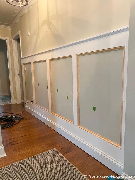 Board And Batten With Decorative Trim, Bathroom Hallway Ideas, Board And Batten Wall With Trim, Foyer Molding Entryway, Board And Batten Entry Hallway, Upstairs Hallway Board And Batten, Trim For Board And Batten, Board And Batten Molding, Board And Batten Partial Wall