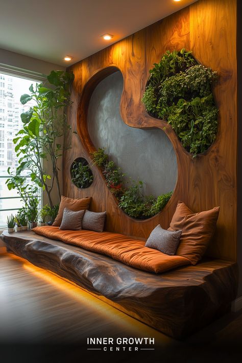 Wooden meditation space with organic-shaped plant wall and comfortable seating overlooking city view. Outdoor Meditation Space, Meditation Room Ideas, Plant Walls, Outdoor Meditation, Earthing Grounding, Meditation Corner, Meditation Rooms, Meditation Retreat, Health Research