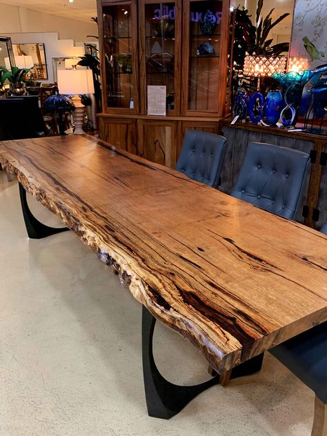 Made from a single Western Australian Marri Slab, our Bronte dining table sits elegantly on a metal frame. Timber Table Metal Frame, Western Dinning Room Table, Wooden Table Design, Wood Slab Dining Table, Timber Dining Table, Decor Dining Table, Mahogany Dining Table, Wood Table Design, Timber Table