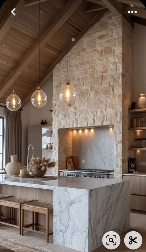 Kitchen Half Vaulted Ceiling, Refrigerator Next To Range, Kitchen Ideas With Vaulted Ceiling, Kitchen Ideas Natural Wood Cabinets, Vaulted Ceiling Kitchen Lighting, Sloped Ceiling Kitchen, Low Ceiling Kitchen Ideas, Kitchens With Vaulted Ceilings, Vaulted Kitchen Ceiling