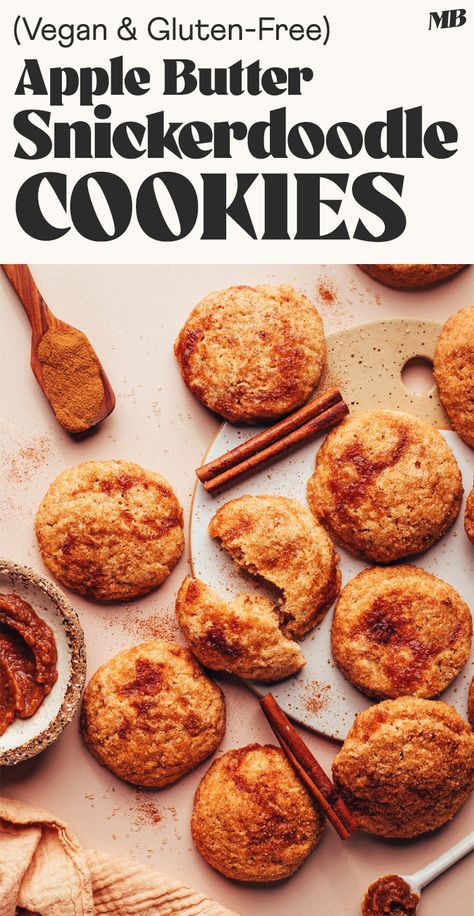 The ULTIMATE fall cookie: perfectly soft and FLUFFY snickerdoodles infused with apple butter! Vegan, gluten-free, grain-free, and just 10 ingredients! Vegan Apple Butter Cookies, Tiny Christmas Gifts, Cottage Core Recipes, Vegan Snickerdoodles, Vegan Fall Recipes, Fall Cookie Recipes, Baking Vegan, Autumn Baking, Pumpkin Sugar Cookies