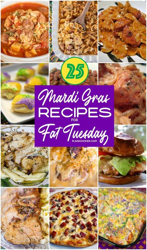 Mardi Gras Recipes for Fat Tuesday - 25 easy recipes for your Mardi Gras celebrations.Cajun pasta, dirty rice, red beans and rice, Po Boys and KING CAKE! All you need is a Hurricane and you are set to let the good times roll! #recipes #mardigras Fat Tuesday Dinner Ideas, Mardi Gras Potluck Ideas, Mardi Gras Menu Ideas Dinners, Mardi Gras Meal Ideas, Food For Mardi Gras Party, Mardi Gras Meals, Mardi Gras Food Appetizers, Vegetarian Mardi Gras Recipes, Mardi Gras Food Ideas