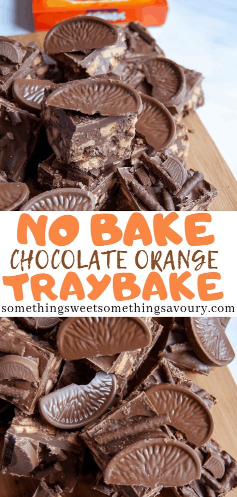 No Bake Chocolate Orange Traybake - This no bake chocolate orange traybake is stuffed full of biscuits, orange Aero and Terry’s chocolate orange pieces! It’s absolute heaven for chocolate orange lovers. Perfect for bake sales, parties or a weekend treat! #nobake #nobakedessert #chocolateorangetraybake #nobaketraybake Chocolate Orange Traybake, No Bake Traybakes, Chocolate Traybake Recipes, No Bake Traybake Recipes, Chocolate Orange Recipes, Orange Traybake, Easy Traybake Recipes, Tray Bake Cakes, Traybake Recipes