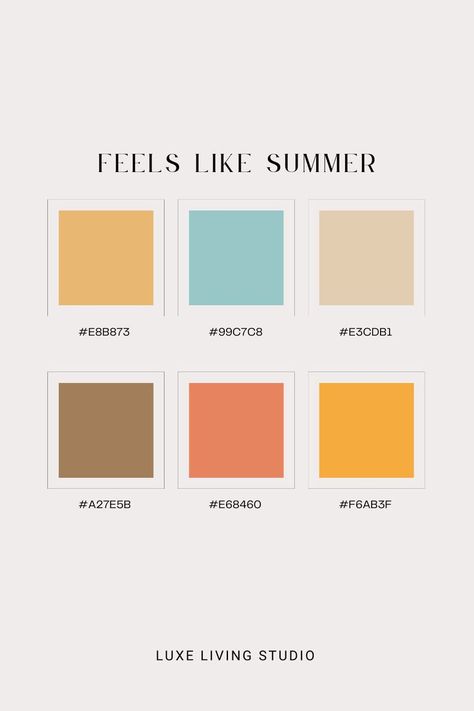 Feels like summer color palette | Luxe Living Studio | Branding | Social Media | Summer Summer Color Palettes Clothes, August Color Palette 2023, Summer Color Palette With Hex Codes, Summertime Color Palette, Beach Branding Color Palette, The Summer I Turned Pretty Color Pallete, Color Pallets Summer, Summer Brand Color Palette, California Casual Color Palette