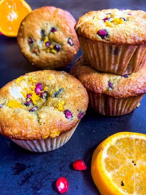 Mandarin Orange and Pomegranate Muffins are made with fresh Mandarins and Pomegranate seeds. These Muffins have a zesty and refreshing flavor to it. #orange #pomegranate #muffins #mandarins #flavors #recipe | recipemagik.com New Years Lucky Food, Pomegranate Muffins, Chia Muffins, Orange Pomegranate, Low Carb Dinner Ideas, Lucky Food, Do You Know The Muffin Man, Pomegranate Recipes, The Muffin Man