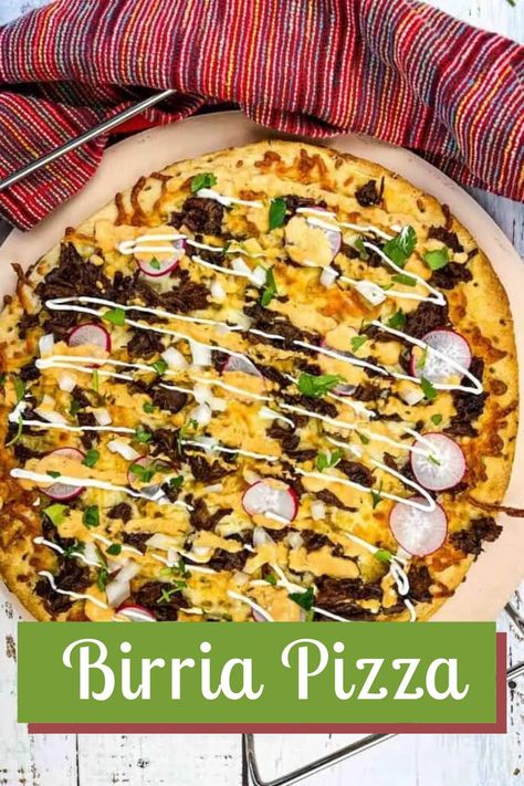 A closeup of Birria Pizza. Birra Pizza Recipe, Birria Pizza Recipe, Best Birria Recipe, Fusion Pizza, Birria Pizza, Beef Birria Recipe, Birria Recipe, Pork Belly Tacos, Beef Birria