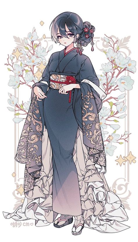 Anime Kimono Design, Cute Kimonos, Anime Kimono, Fashion Drawing Sketches, Japanese Characters, Anime Shadow, Anime Drawings Tutorials, Cute Profile Pictures, Book Art Drawings