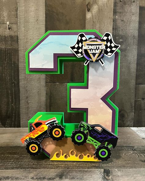 Monster Truck Party! Cake Topper 3d letter and Number #susweetcraft #monstertruckparty #monstertruckcake #monsterjamparty #monstertruckdecorations #caketopper #3dletter #partydecor #partyideas #partykids #photoprops #cumpleañosinfantiles #celebracionesespeciales #fiestasinfantiles Monster Truck Ideas, Monster Truck Centerpieces Ideas Diy, Monster Truck Photo Prop, Monster Jam Pinata, Hot Wheels Monster Truck Party, Monster Truck Birthday Party Decorations, Monster Truck Birthday Party Ideas Decoration, Monster Truck Decorations, Monster Jam Party Decorations