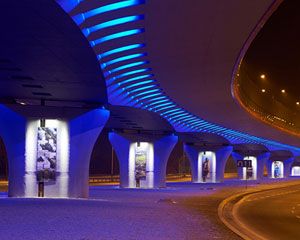 Philips Color Kinetics - Overpass of the Roundabout of the Victims of Katyn, Krakow, Poland Tunnel Of Lights, Highway Underpass Design, Light At The End Of A Tunnel, Car Under Streetlight, Highway Lighting, Under Bridge, Corridor Lighting, Urban Lighting, Royal Castles