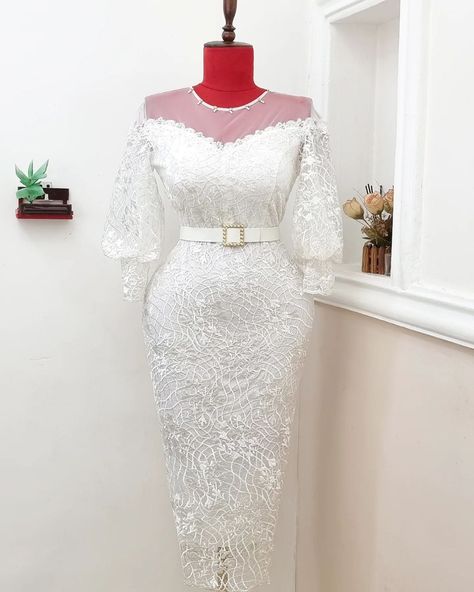 Nice Lace Style For Ladies, Nice Lace Gown Styles, White Lace Gown Styles For Ladies, White Gown Styles For Church, White Crepe Gown Style In Nigeria, White Lace Dress Styles Ghana For Naming Ceremony, Simple White Dress Classy, Lace Dress Styles Ghana, Simple White Lace Dress