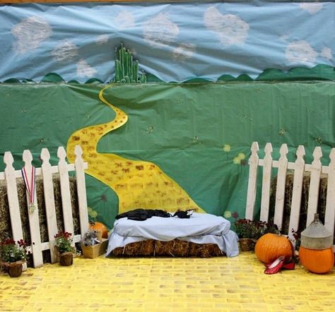 Fall Fest photo backdrop Wizard of Oz Wizard Of Oz Stage Sets, Wizard Of Oz Photo Backdrop, Wizard Of Oz Play Set Design, Wizard Of Oz Backdrop Diy, Wizard Of Oz Photo Booth, Wizard Of Oz Hallway Decorations, Wizard Of Oz Party Decorations, Wizard Of Oz Set Design Ideas, Wizard Of Oz Backdrop