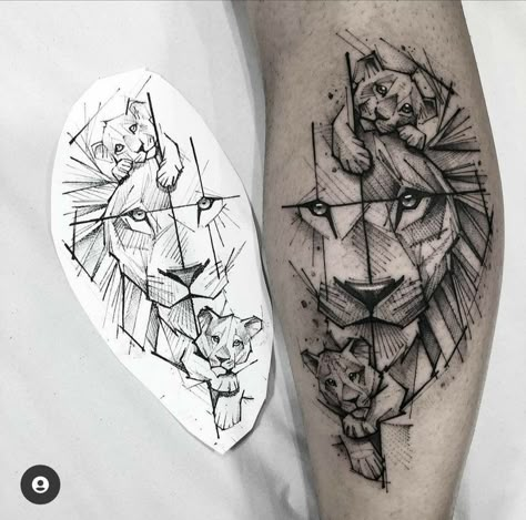 Lion And Family Tattoo, Lion Family Tattoo For Women, Animal Family Tattoo, Geometric Lion Tattoo Design, Father Tattoo Ideas, Lion Family Tattoo, Family Tattoos For Men, Geometric Lion Tattoo, Abstract Lion